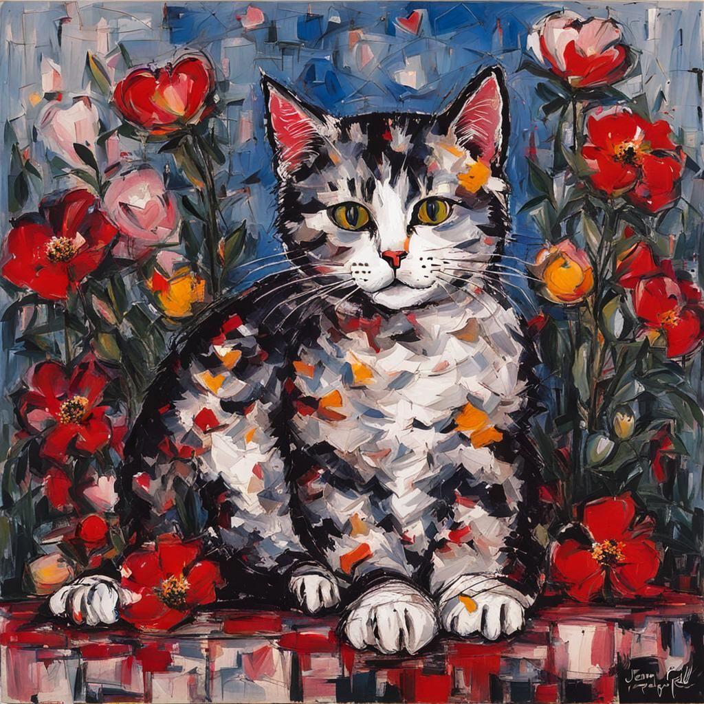 Cat on Pillow in Abstract Expressionist Style