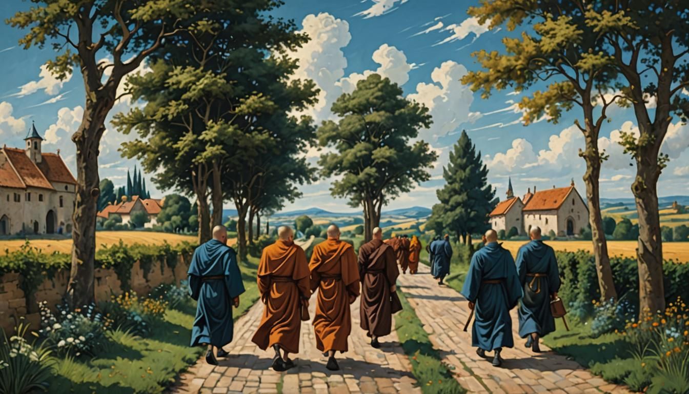 Monks Walking in Countryside: Medieval Painting