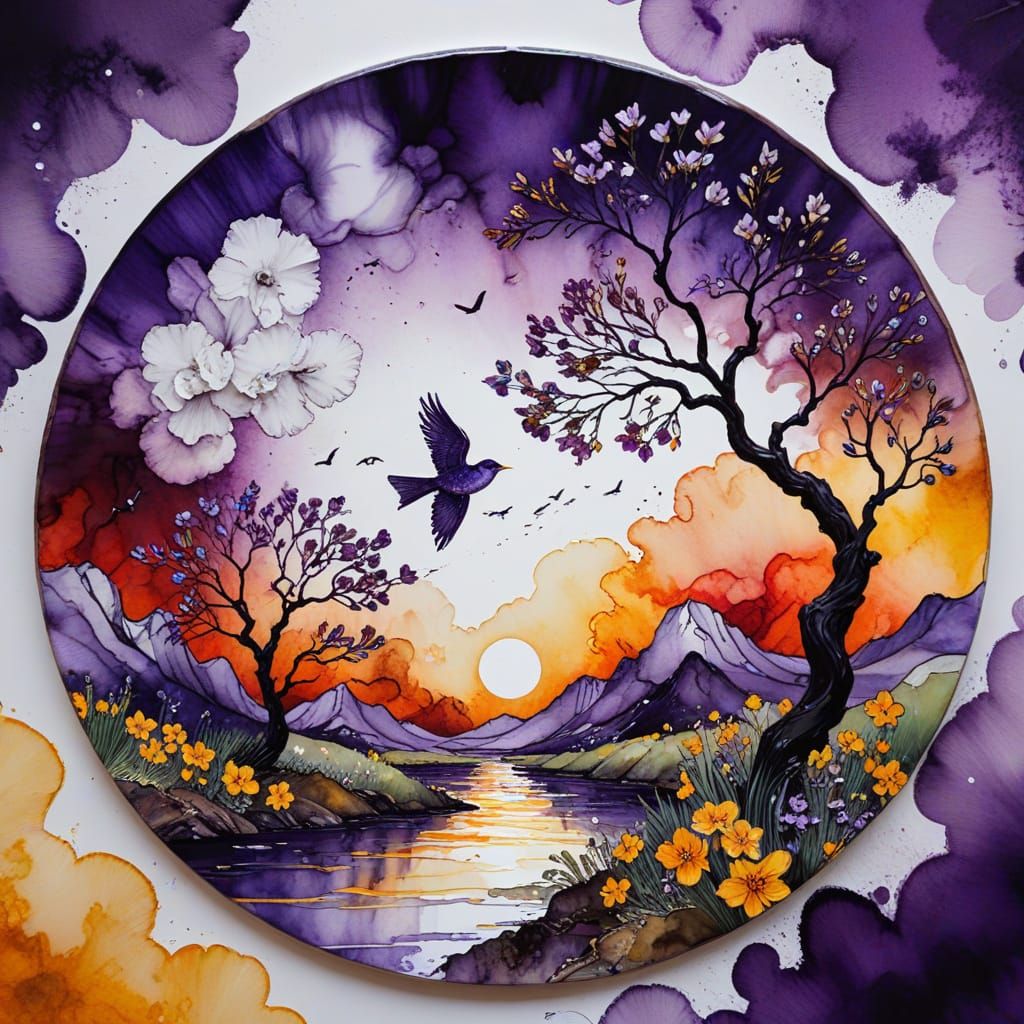 Dreamy Alcohol Ink Art: Clouds, Flowers, and Bird