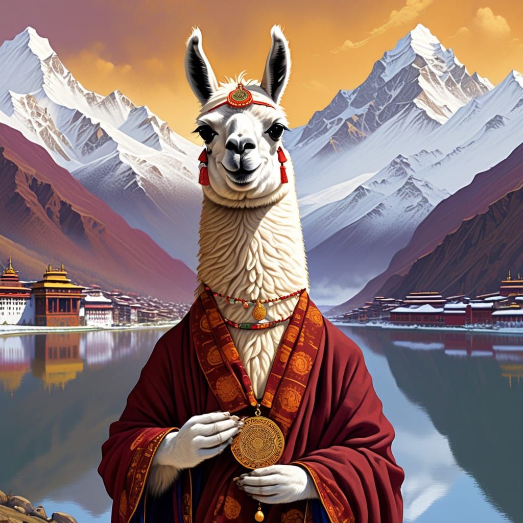 Serene Tibetan Llama in Himalayan Landscape