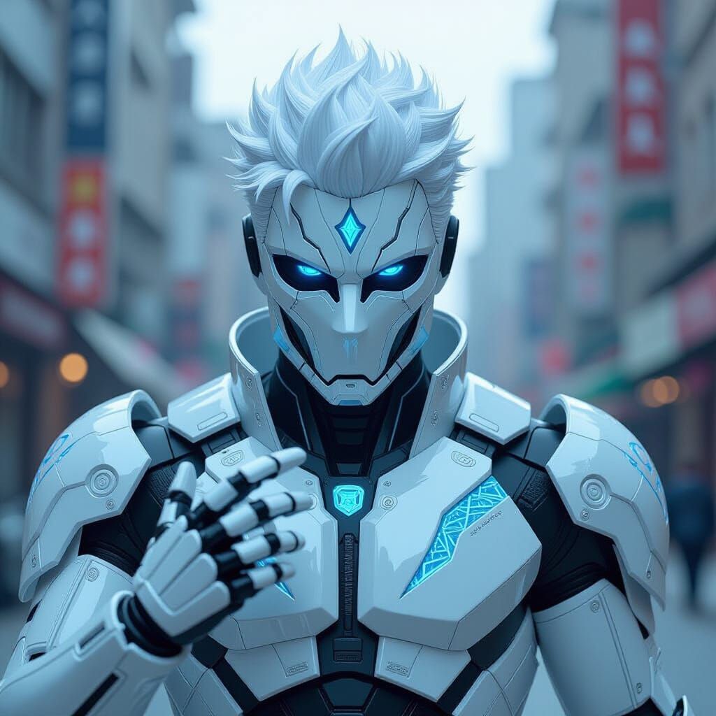 Titanium Robot Ninja with Ice Patterns in Cityscape