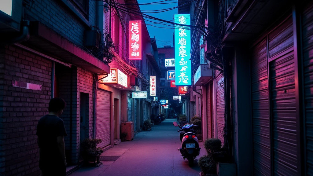 Urban Alleyway Nightscape in Vibrant Neon Hues