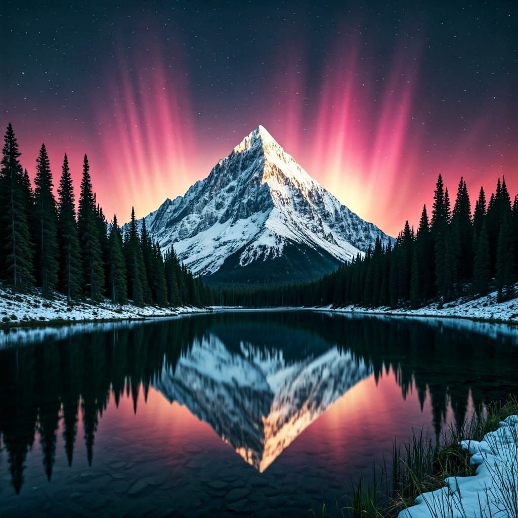 Surreal Snowy Mountain Peak Glows Under Vibrant Aurora