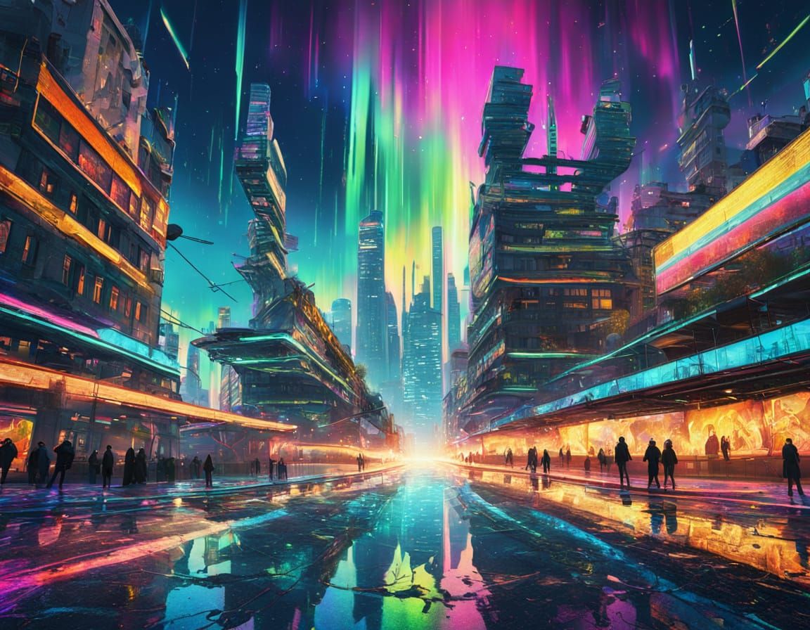 Futuristic Cityscape Under Aurora in Hypermodern Style