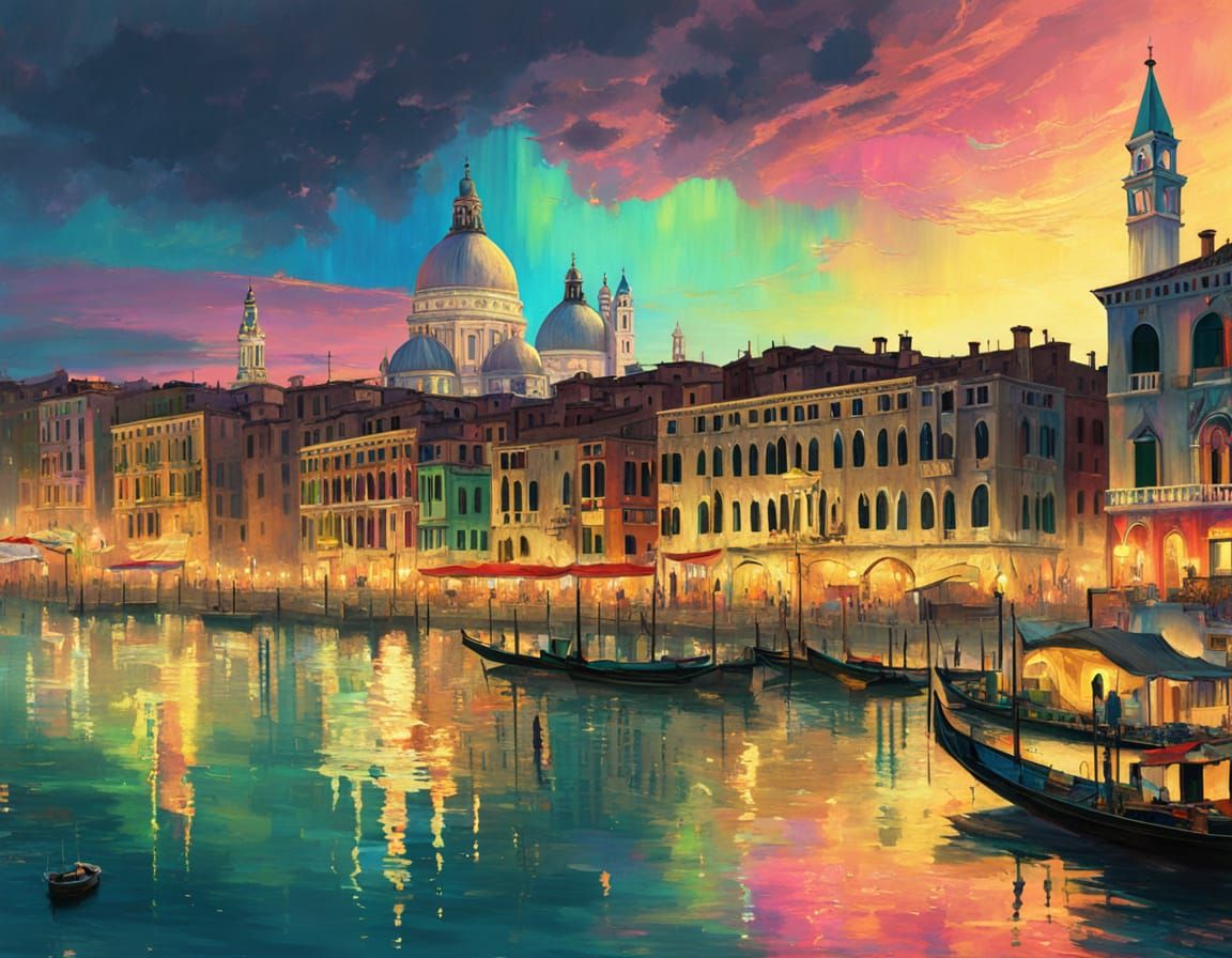 Venetian Cityscape Under Vibrant Aurora in Hypermodern Style