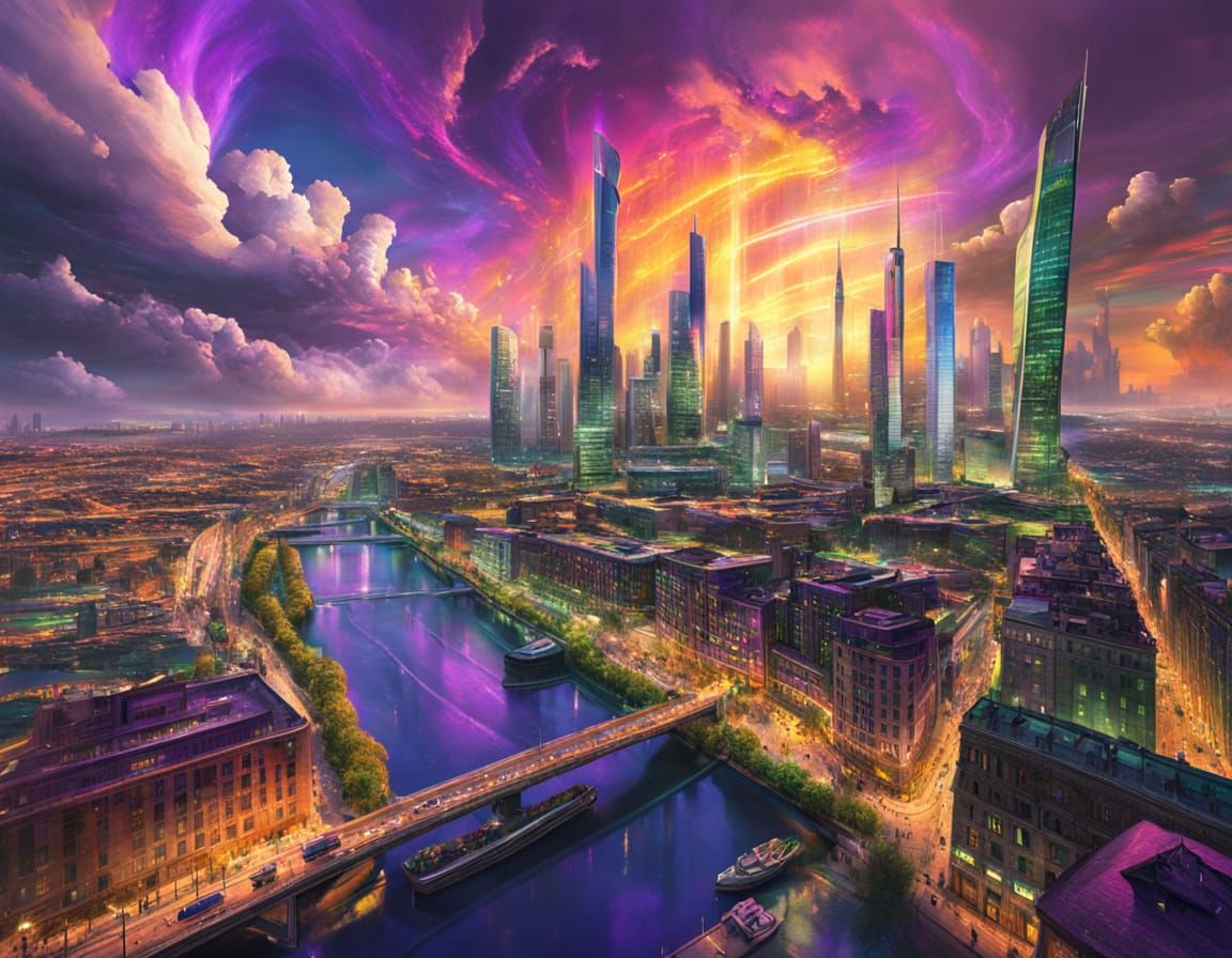 Futuristic Cityscape Under Aurora in Vibrant Oil Painting St...