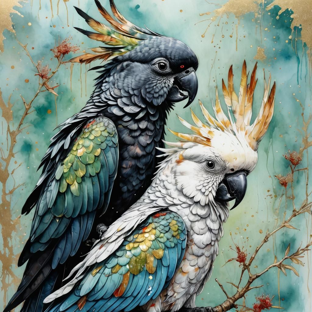 a black cockatoo and a white cockatoo