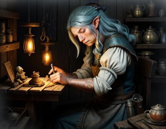 Gnome Repairs Automaton: Dark Fantasy Illustration