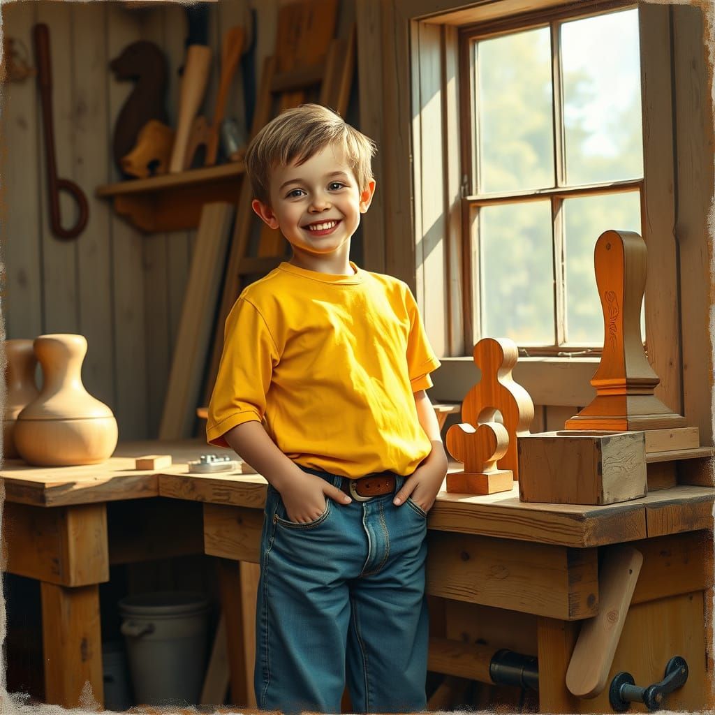 A Young Boy Proudly Displays His Father's Woodworking Creati...
