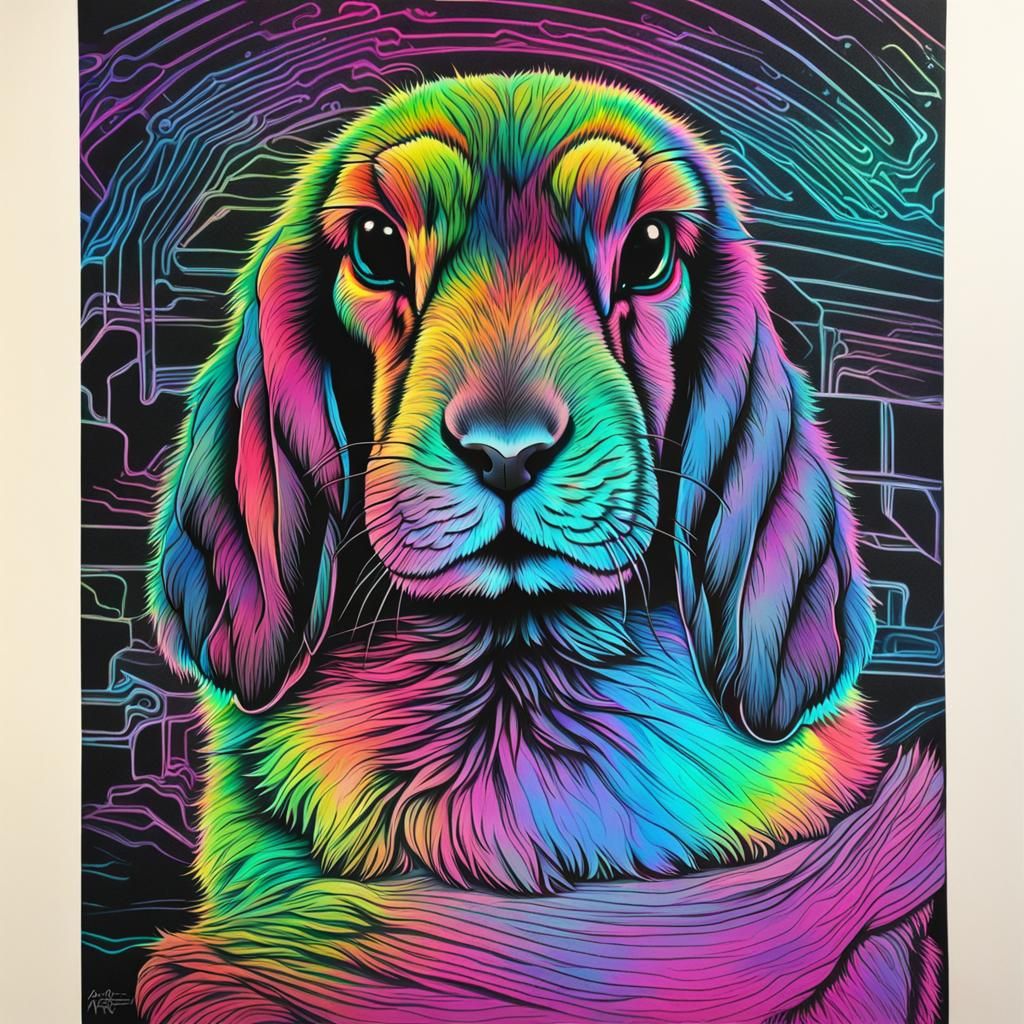 Rainbow Synthwave Rabbit: Hyperdetailed Charcoal Style