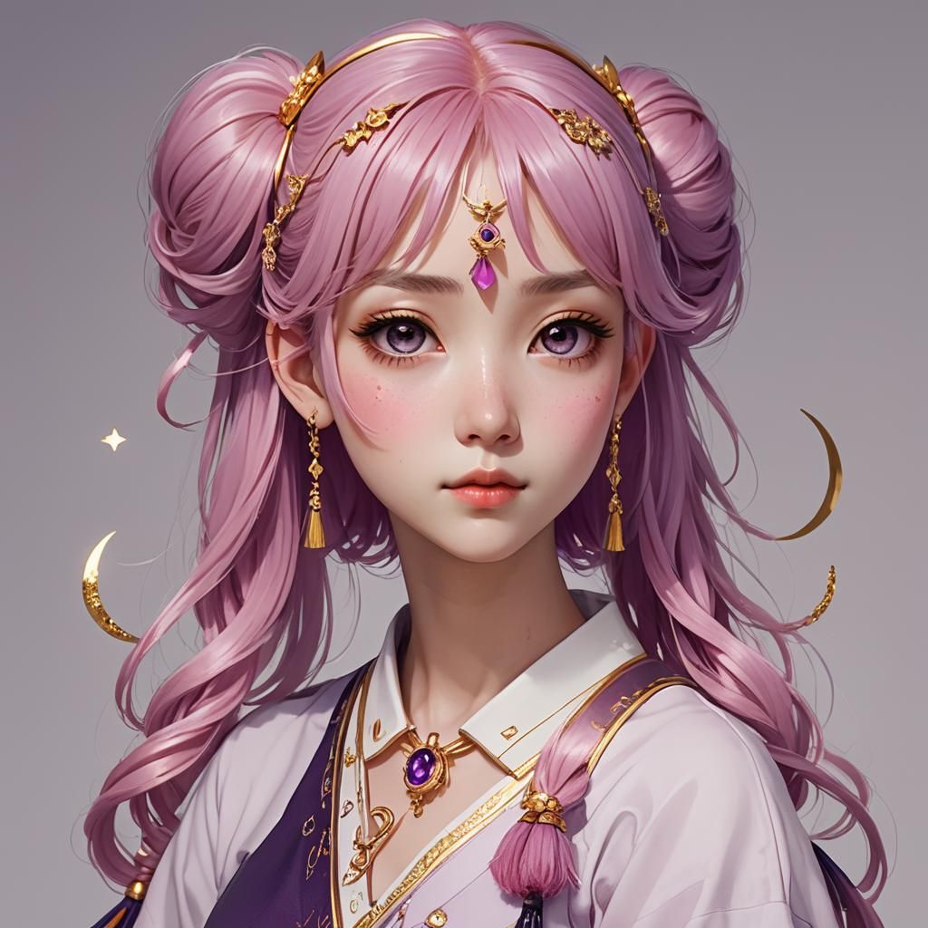Anime Woman with Pink Hair and Amethyst Gemstone