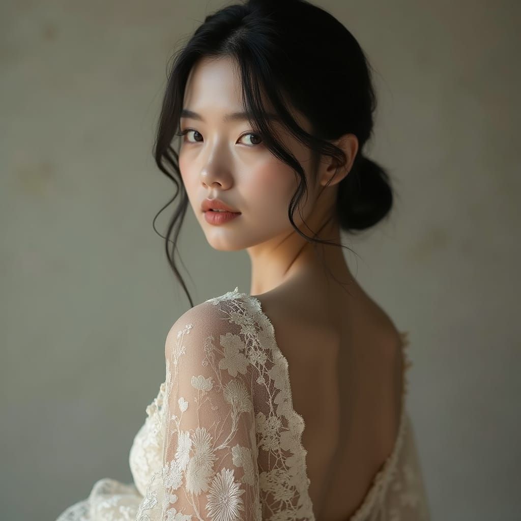 Japanese Woman in Luxurious Lace Outfit, High-Definition Rea...