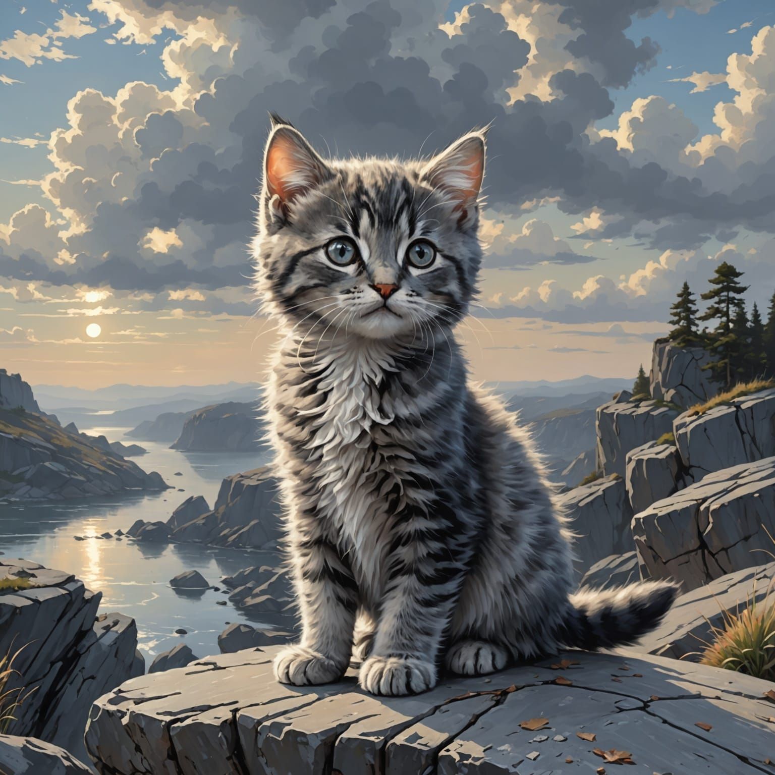 Surreal Whimsical Kitten on Gray Rock in Dreamlike Landscape