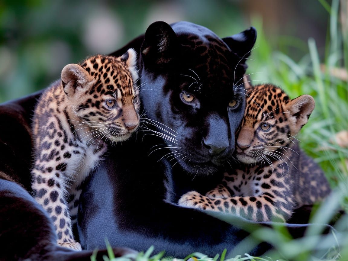 Sleek Black Panther Family Cuddles in Nature