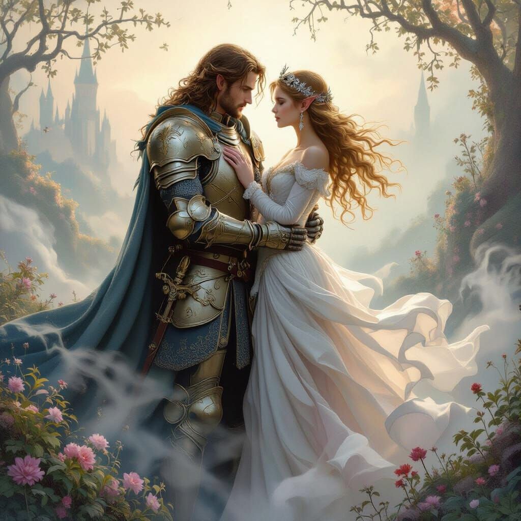 Knight and Elf Princess in Dreamy Landscape