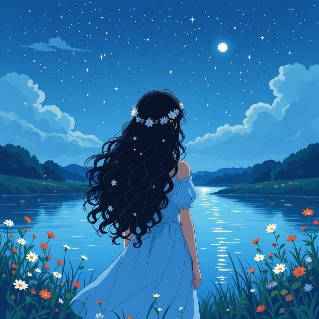 Ghibli-Style Girl Gazing at Starry River Landscape