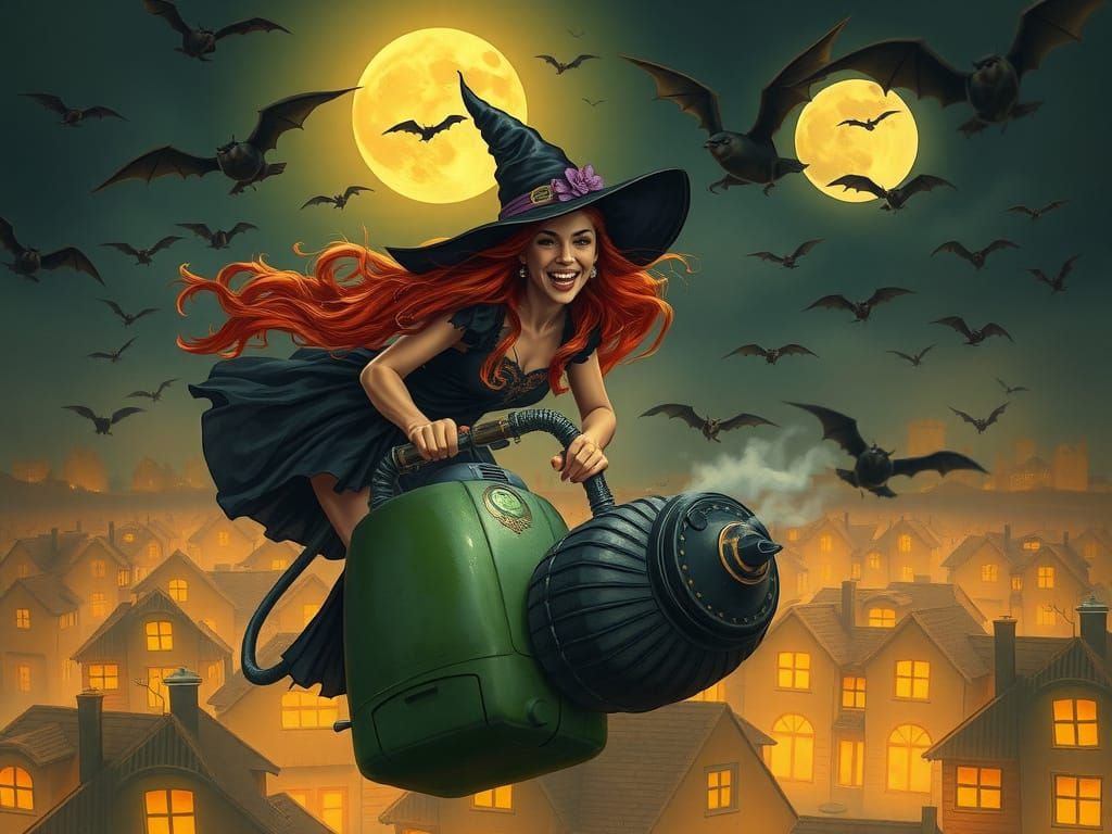 Gothic Witch Flying on Vacuum Cleaner
