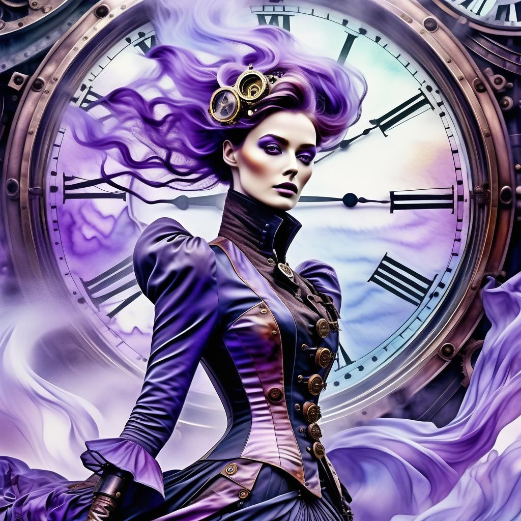 Steampunk Lady in Purple Watercolor Style
