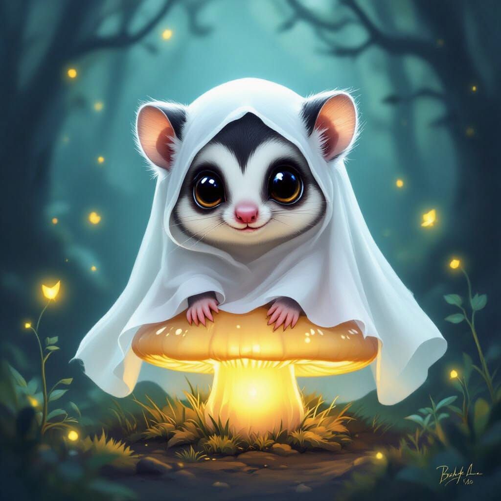 Whimsical Sugar Glider Ghost on Glowing Mushroom