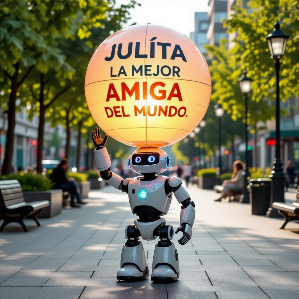Friendly Robot with 'Best Friend' Balloon in Sunset Plaza