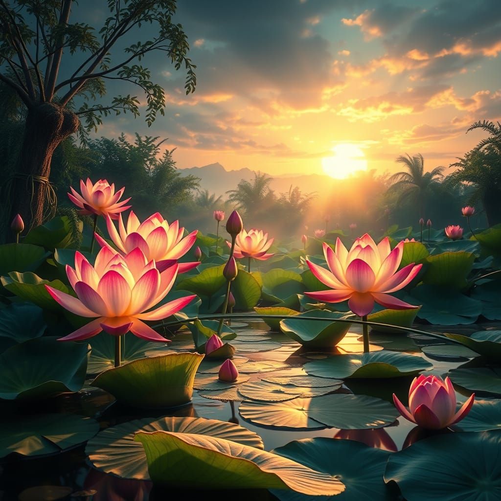 Glowing Lotus Pond at Dawn in Hyperrealistic Style