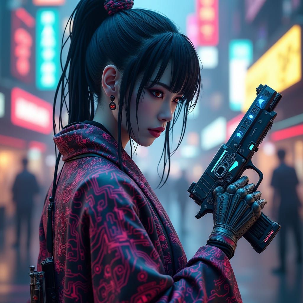 Cyberpunk Samurai in Neon-Lit Cityscape
