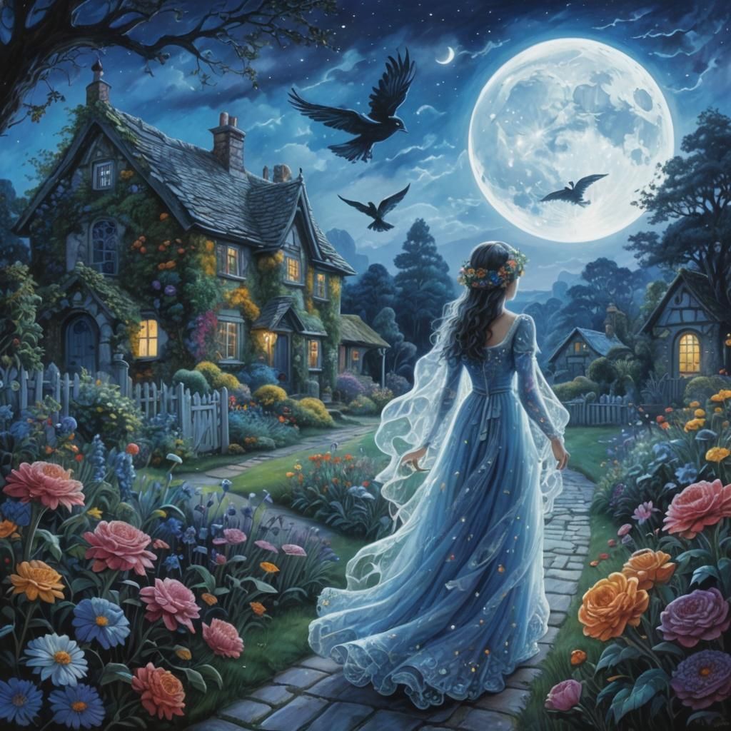 Mysterious Woman Strolls through a Vibrant English Garden un...