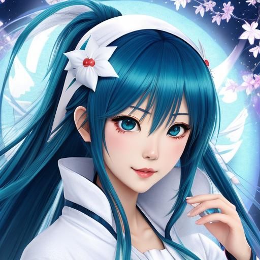 Anime Yuki Onna Trickster in Aqua Hues