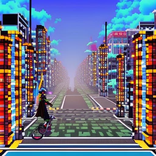 Pixel Art Jester Rides Unicycle in Neon Japan