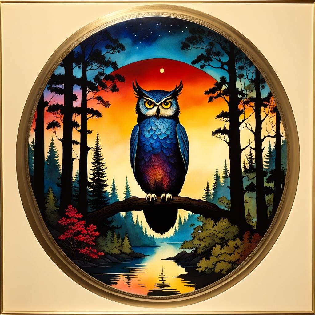 Bohemian Owl on Forest Trail in Alcohol-Ink Style