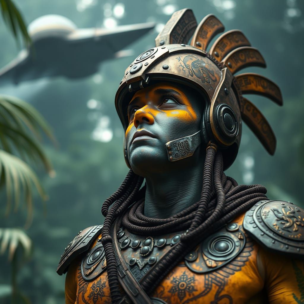 Cyberpunk Aztec Warrior in Jungle, Cinematic Still