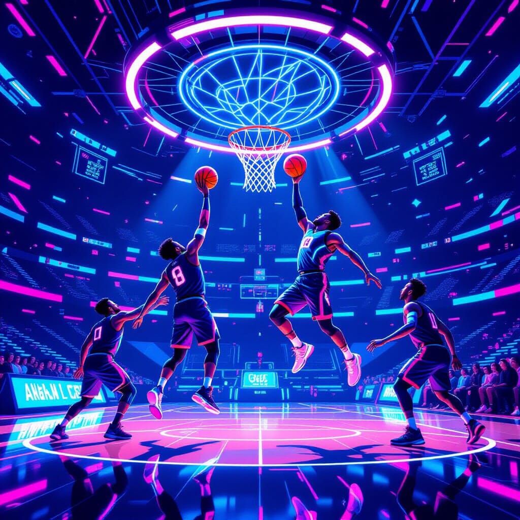 Zero-Gravity Basketball Poster in Cyberpunk Style