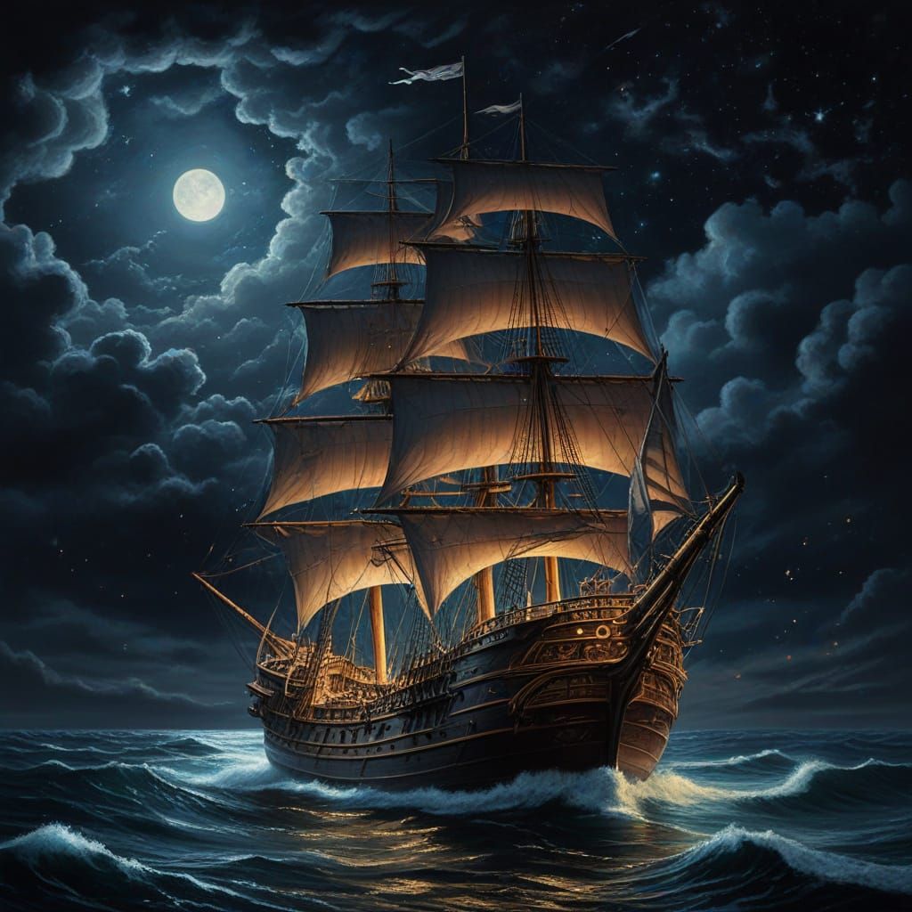 A majestic sailing ship navigates through a dark ocean under a sky absolutely teeming with constellations and swirling g...