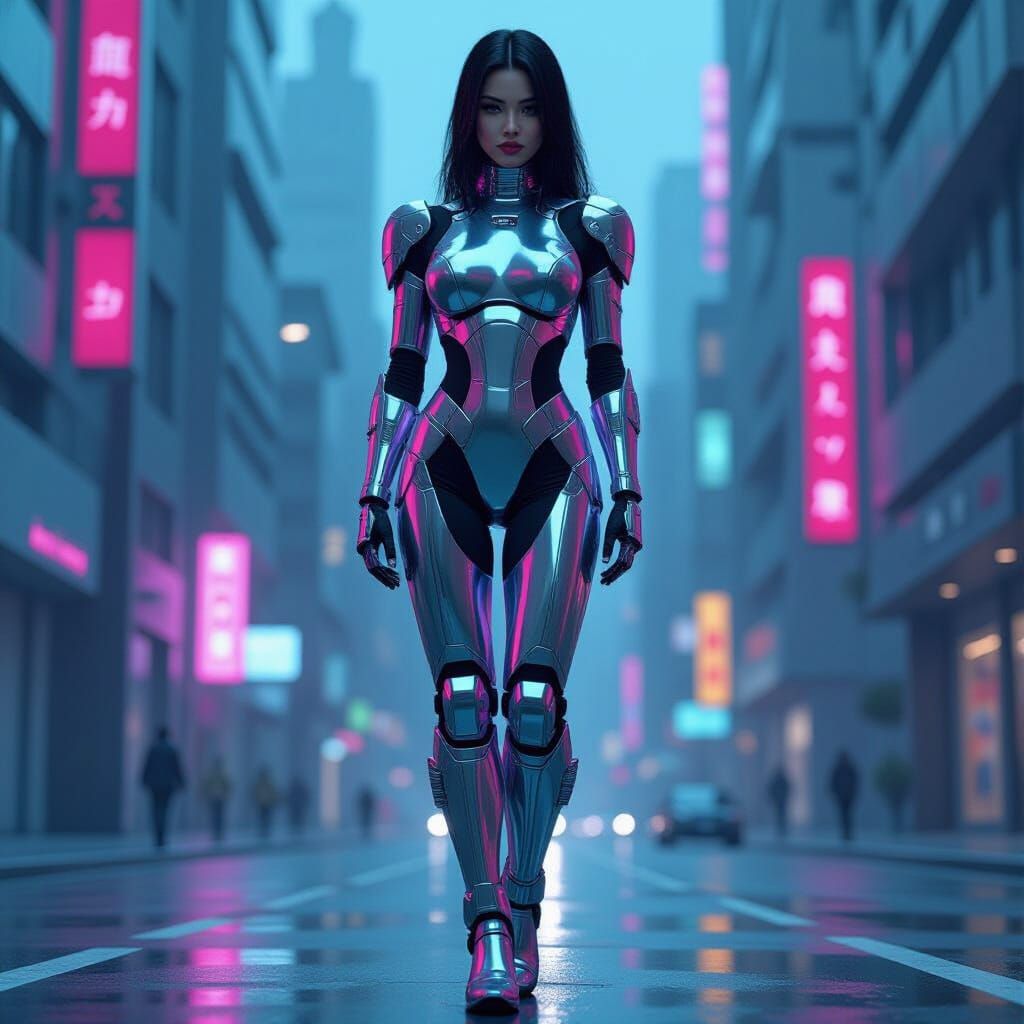 Chrome Cyborg in Pink Neon Cityscape