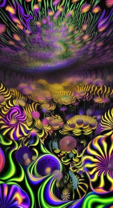 <lora:IllusionStyle0001:1.0> Blackroom:Digital art magic fantasy art floral wallpaper background dandelions psychedelic ...