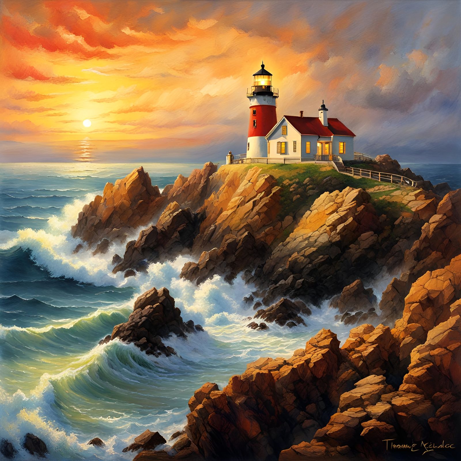 Pacific Lighthouse in Golden Light, Watercolor Style