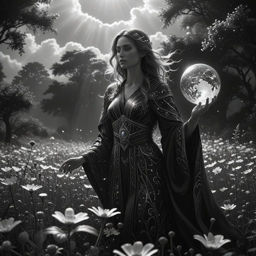 Monochrome Goddess Holding Cosmic Orb in Field of Flowers