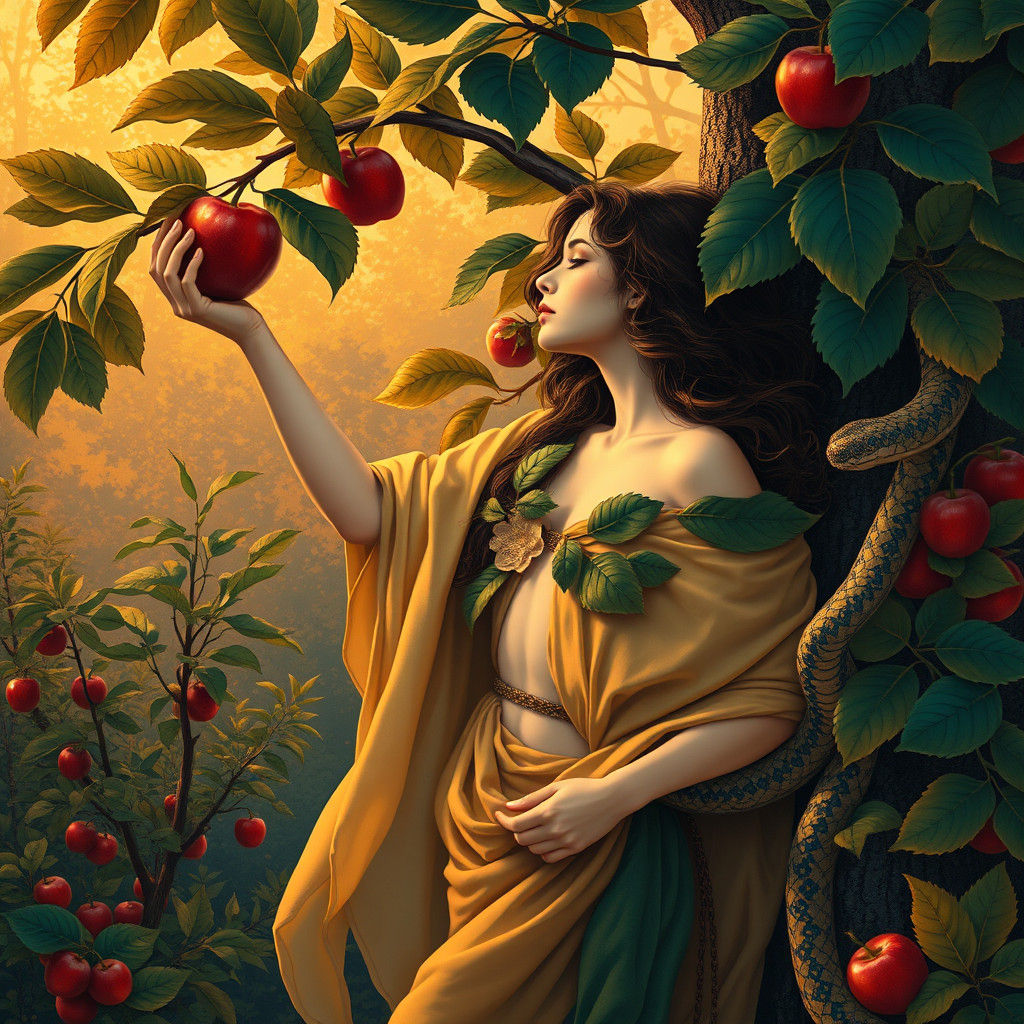 Eve Reaching for Apple in Art Deco Forest