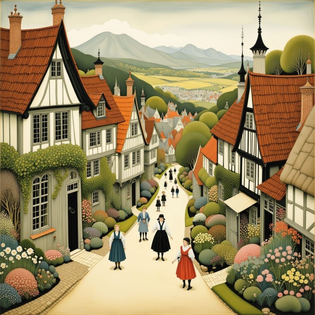 Whimsical Scandinavian Village Scene in Warm Golden Light