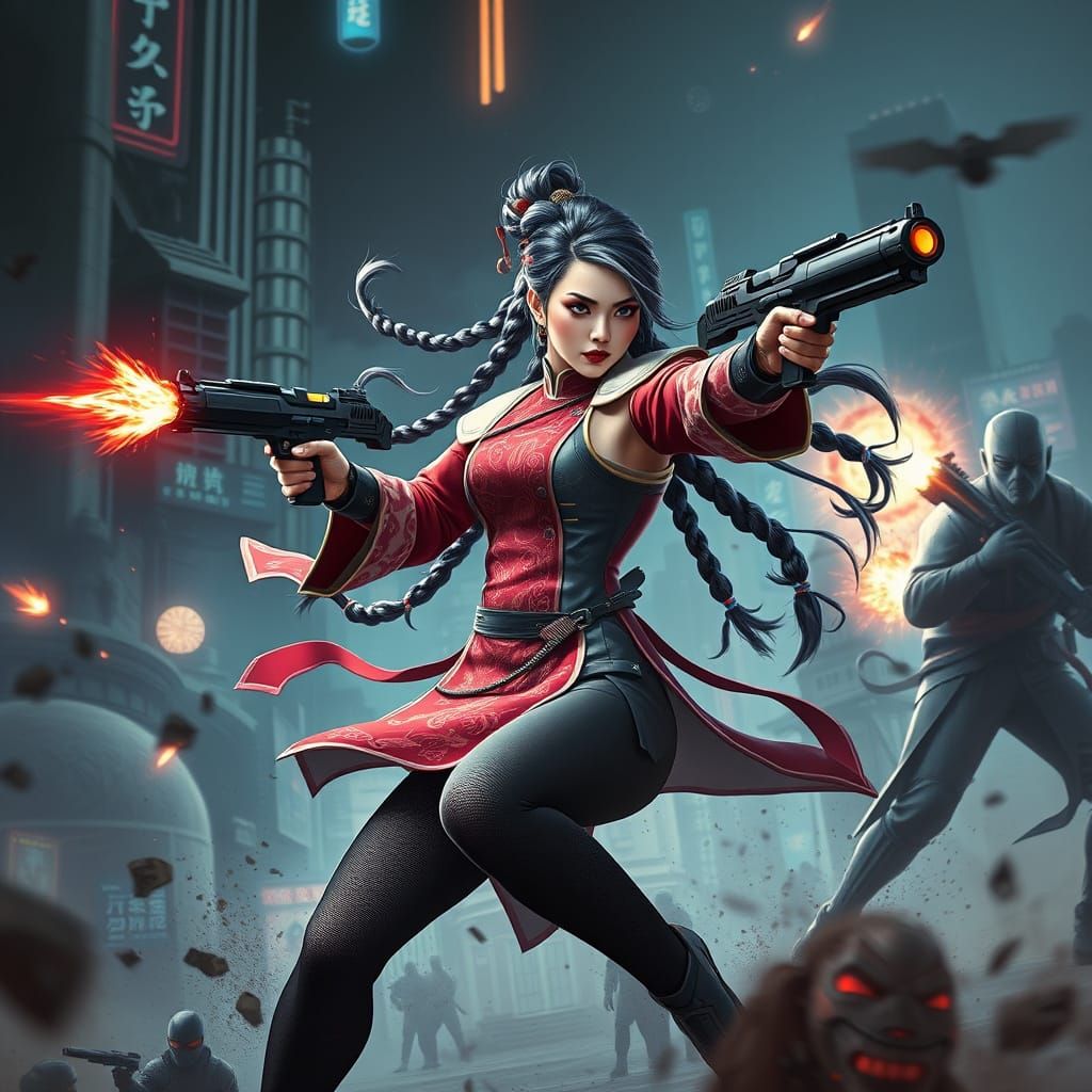 Chinese Warrior in Cyberpunk Qipao, Fiercely Wielding Blaste...