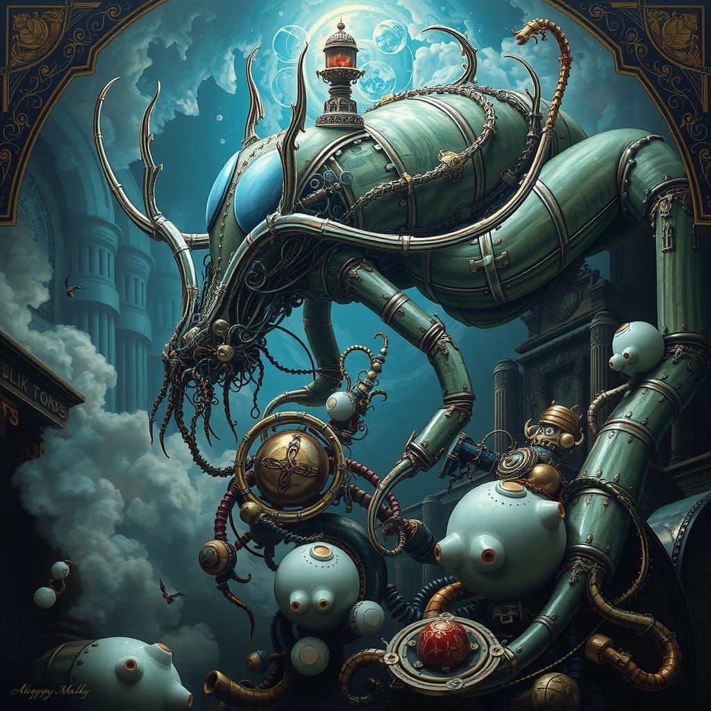 Otherworldly Biomechanical Creature in Dreamlike Oil Paintin...