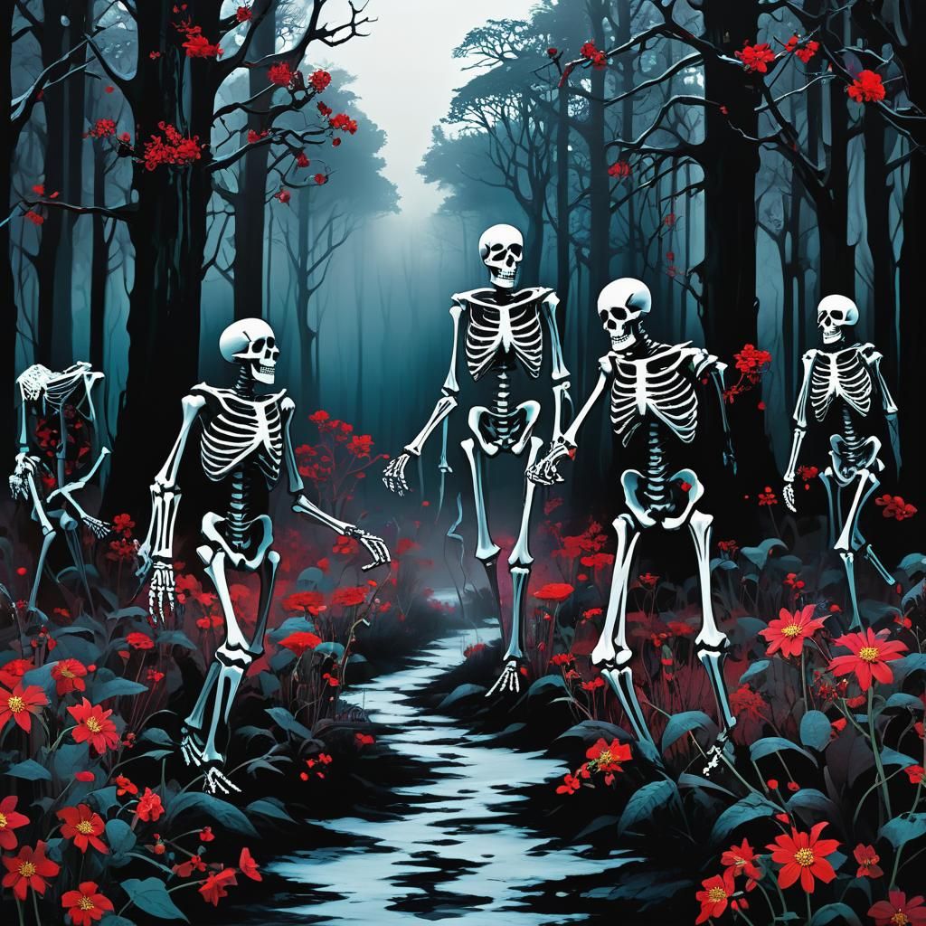 Creepy Darkpunk Icecore Forest with Dancing Skeletons