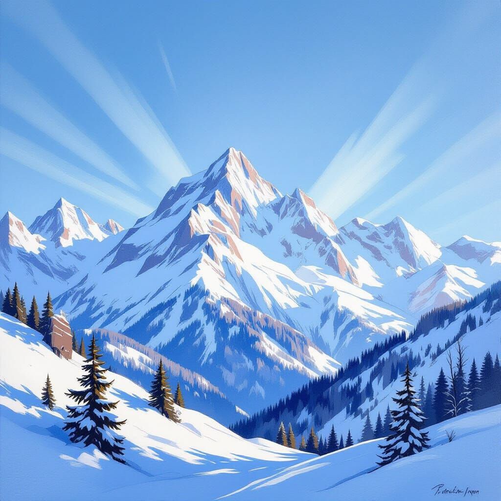 Majestic Snow-Covered Mountains in Detailed Gouache Painting