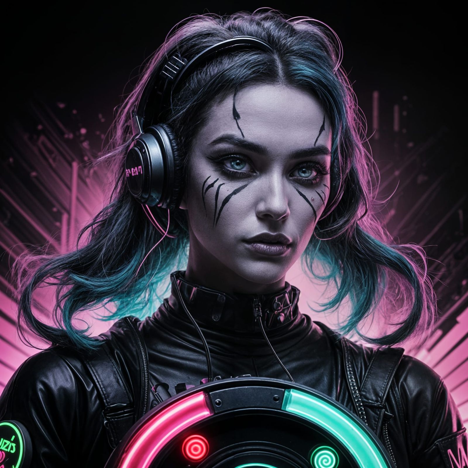 Female DJ in Neon Lights, Hyperrealistic Style