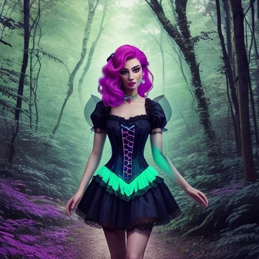 Fairy in Corset Dress Flying Through Autumn Woods