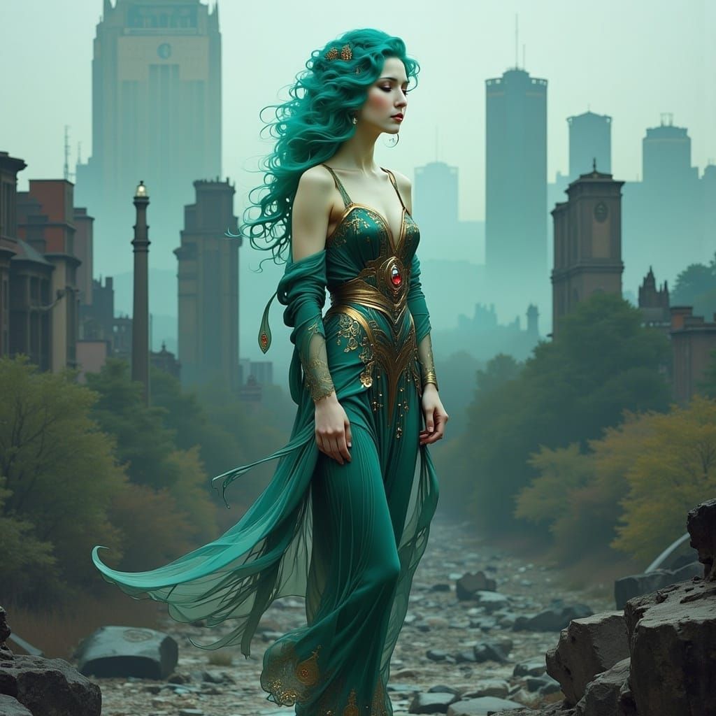 Teal Hair Beauty Amidst City Ruins