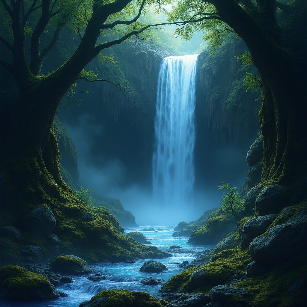 Mystical Forest Waterfall with Glowing Runes