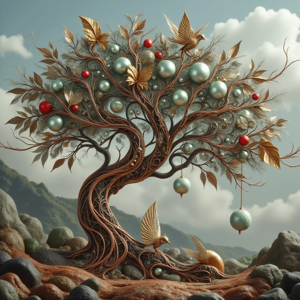 Cybernetic Tree in Steampunk Landscape