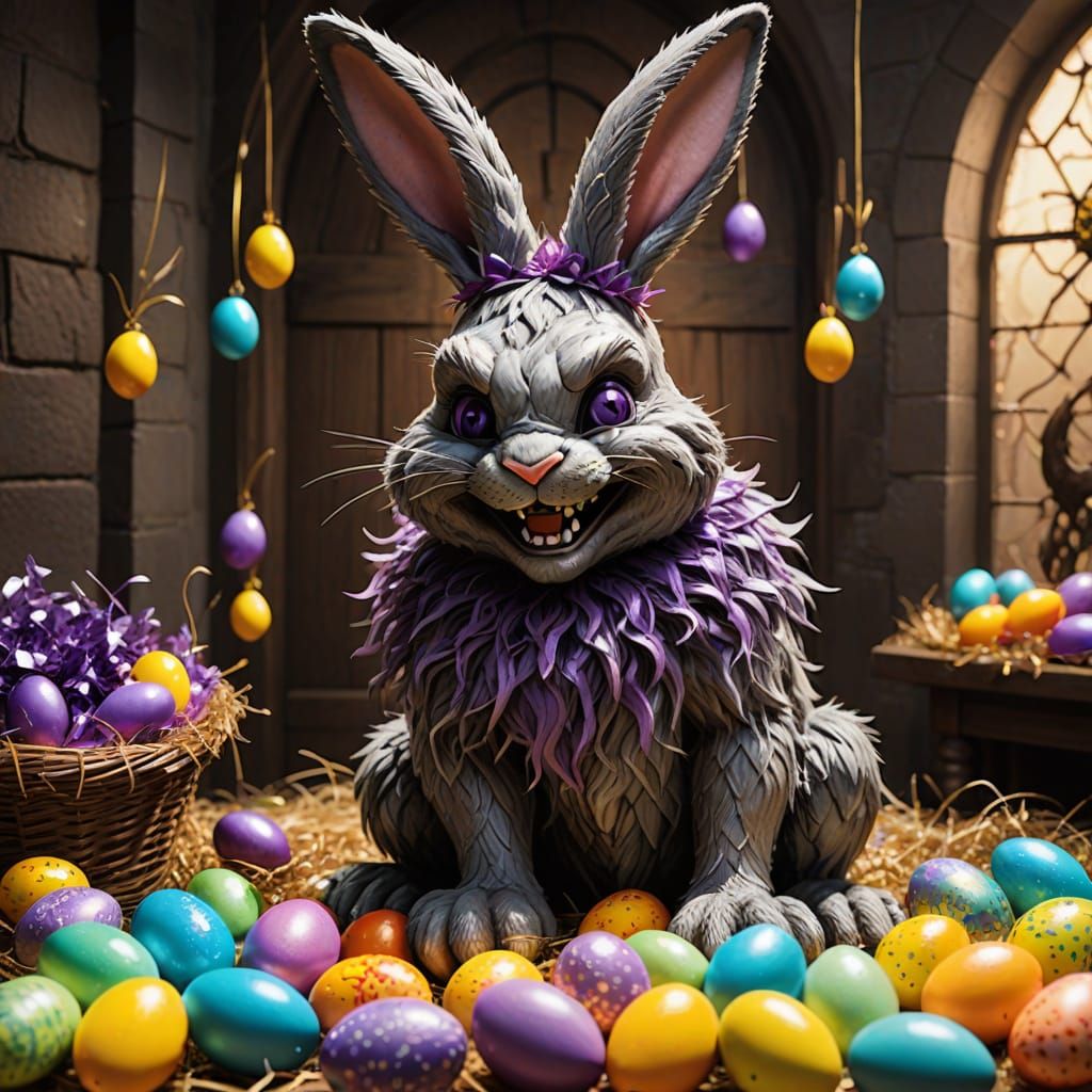 Dark Easter Bunny Tamed by Chocolate Fairy in Vibrant Easter...