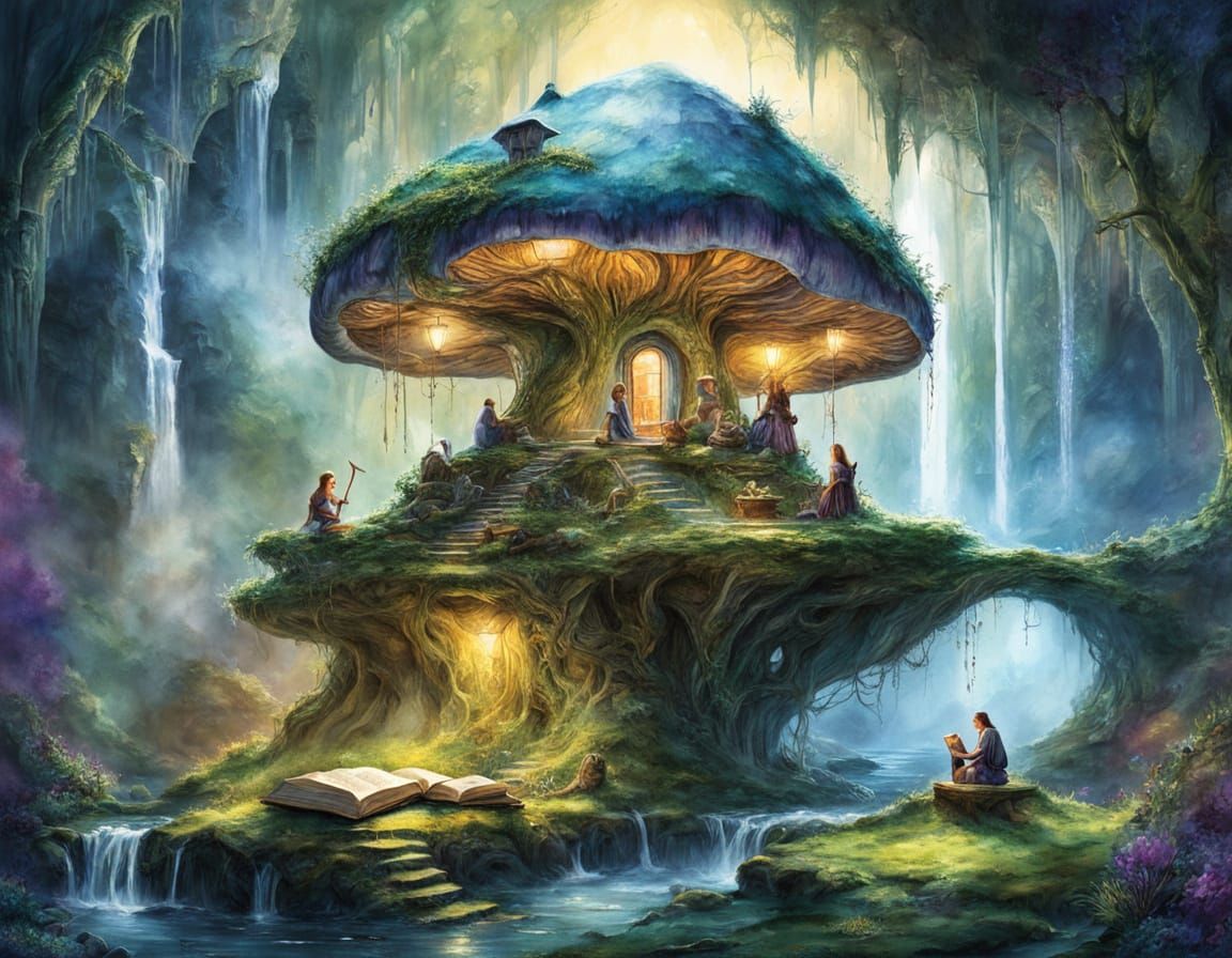 Elven Library Inside Giant Mushroom with Crystal Waterfalls